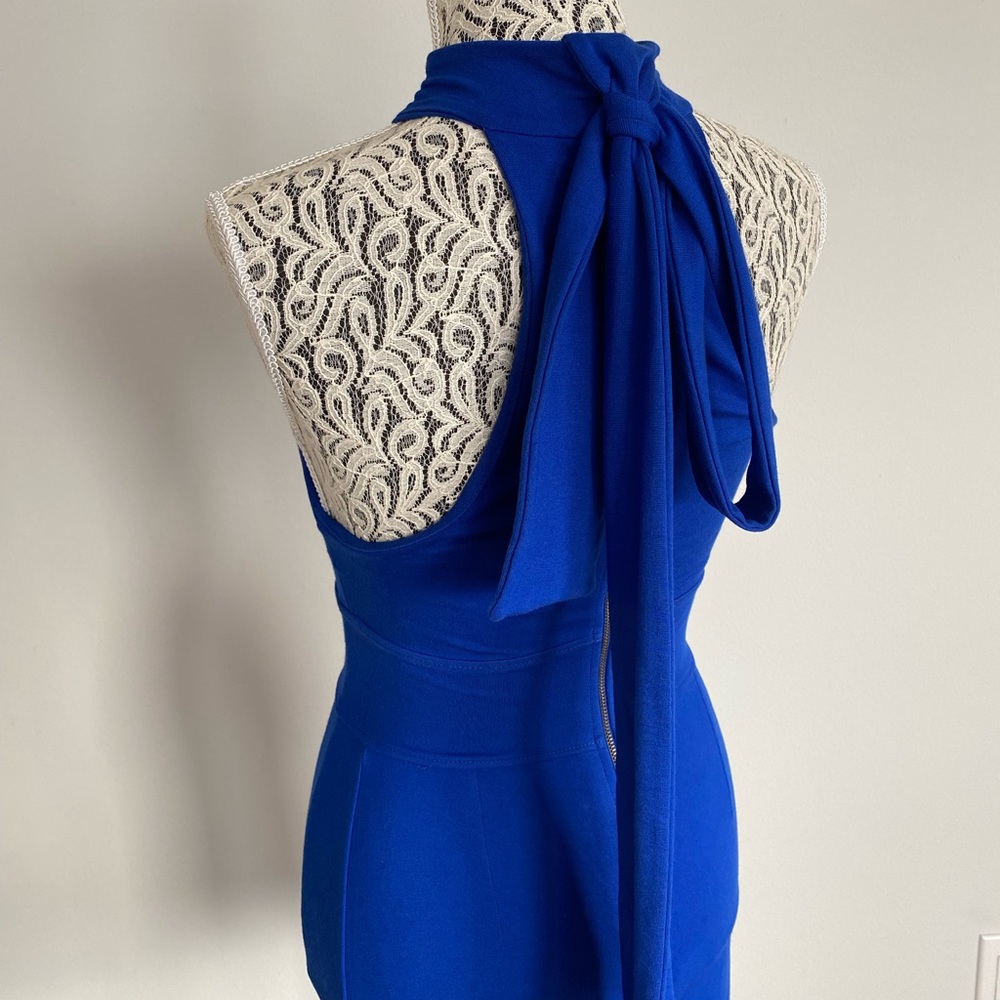 Royal blue mini dress with halter top and back tie detail